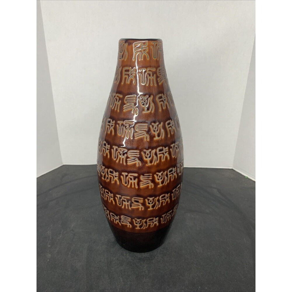 LOVELY CERAMIC POTTERY 13 1/2" TL VASE JAVA BROWN/BLK WITH HEIROGYPHICS